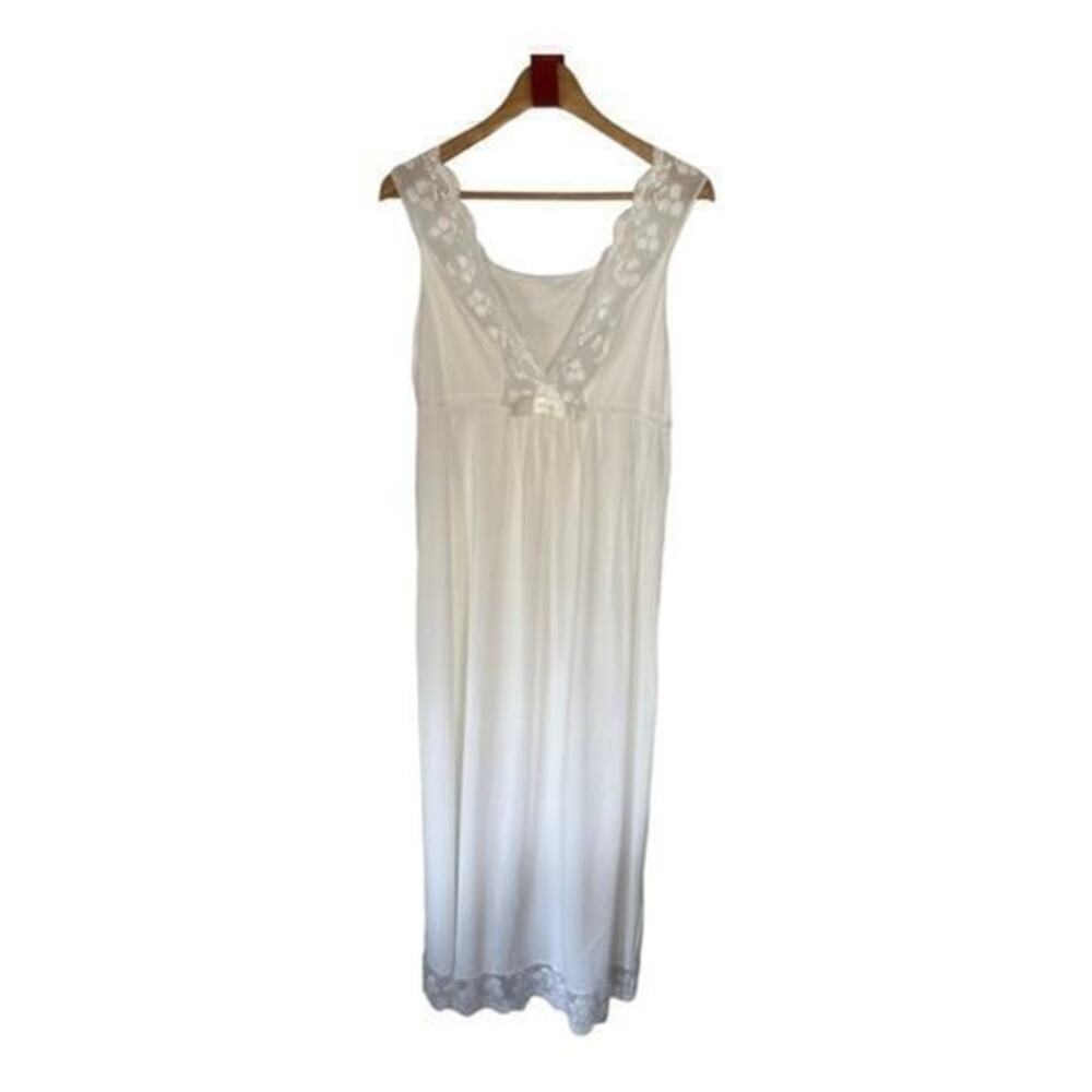 Shadowline Vintage White Empire V-Neck Lace Trim Slip Dress Night Gown Size L